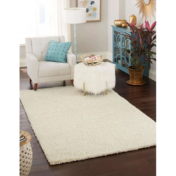 Rugs.com Solid Shag Collection Rug – 5' x 8' Pure Ivory Shag Rug Perfect For Bedrooms, Dining Rooms, Living Rooms