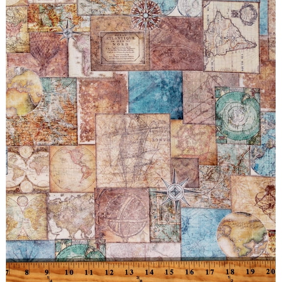 Cotton World Maps Travel Cartography Geography Globetrotter Cotton Fabric Print by the Yard (2600-30529-X)