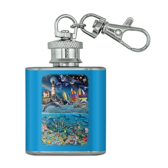 Ocean Shore Lighthouse Beach Slice of Life Stainless Steel 1oz Mini Flask Key Chain