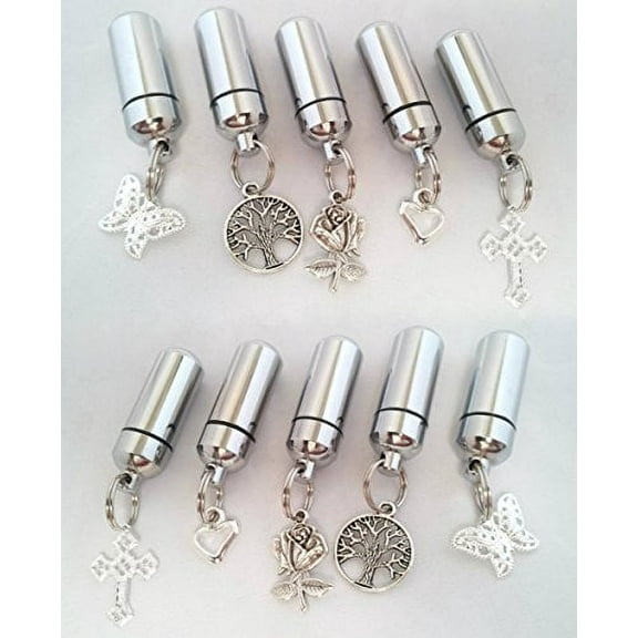 Family Assortment of TEN (10) Silver CREMATION URNS with Laser ENGRAVED Hearts - Roses/Tree-Of-Life/Crosses/Hearts/Butterflies - Includes 10 Velvet Pouches, 10 Ball-Chains and Fill Kit
