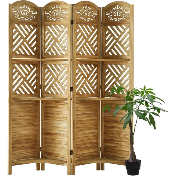 Room Divider with Shelves, 68.9inch Wood Carved and Louvered Wall Divider Freestanding, 4 Panels Folding Partition Screen for Bedroom Home Office (Natural)