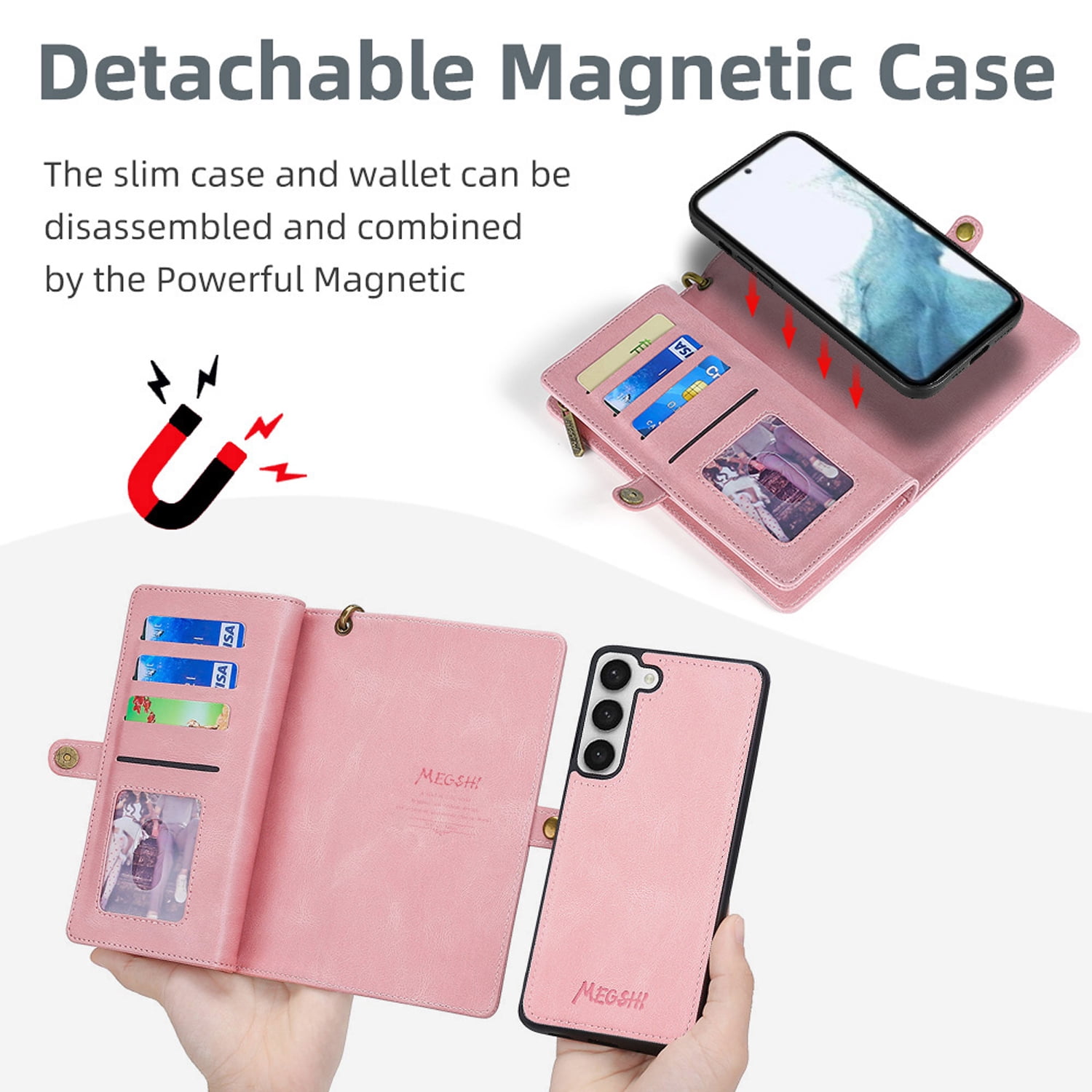 for Samsung Galaxy S25 Plus Case for Women Men, Removable Durable PU Leather Magnetic Flip Strap Wristlet Zipper Purse Card Holder Detachable Wallet Phone Cases for Samsung Galaxy S25 Plus, Pink