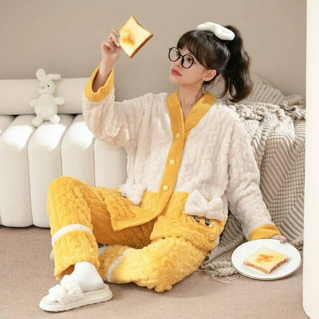

CoCopeaunt Autumn Winter Warm Flannel Women Pajamas Set Thick Coral Velvet Long Sleeve Cartoon Sleepwear Flannel Pyjamas Home Clothes