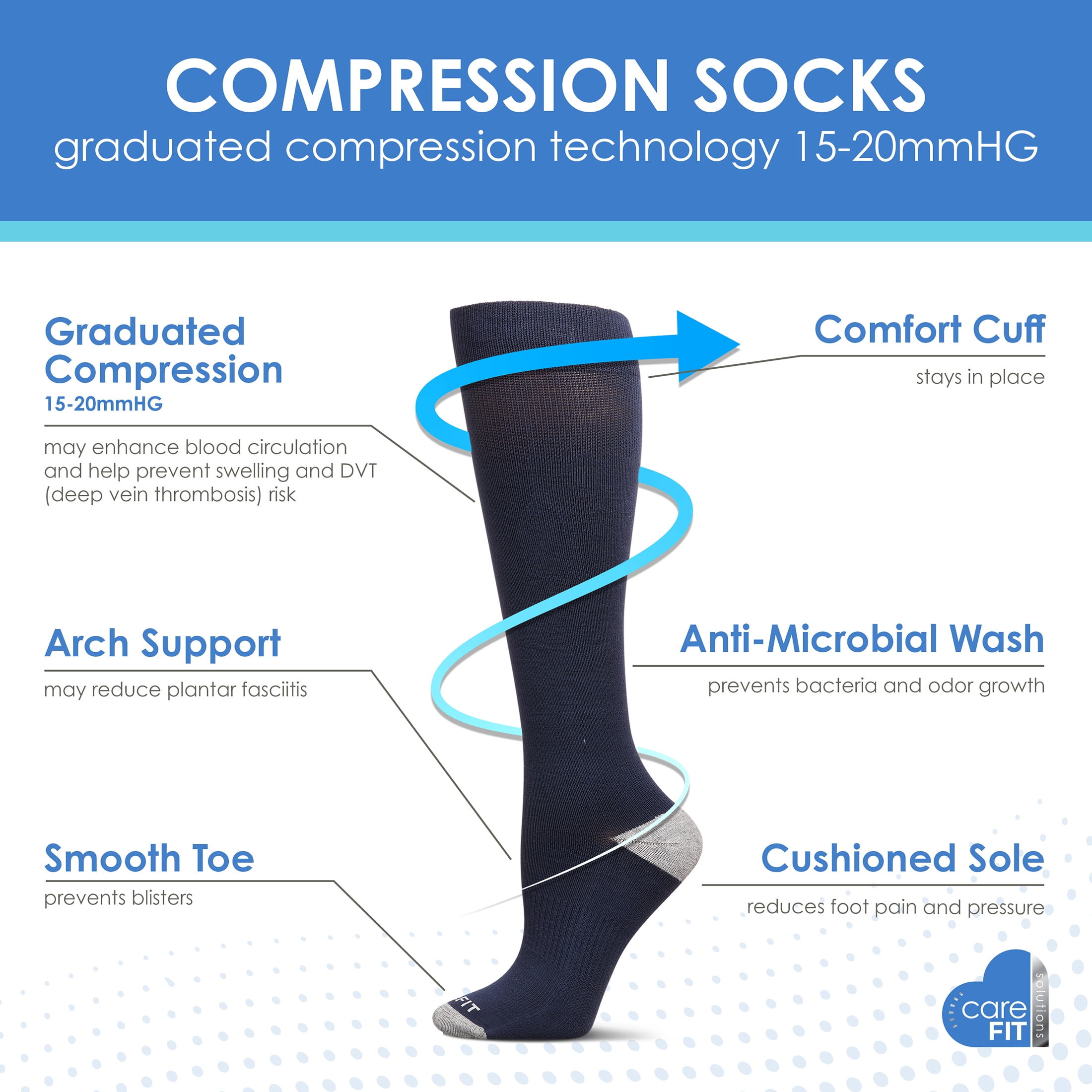 Care Fit Solutions 2 Pair Pack Striped Cotton Blend Graduated Compression Socks
