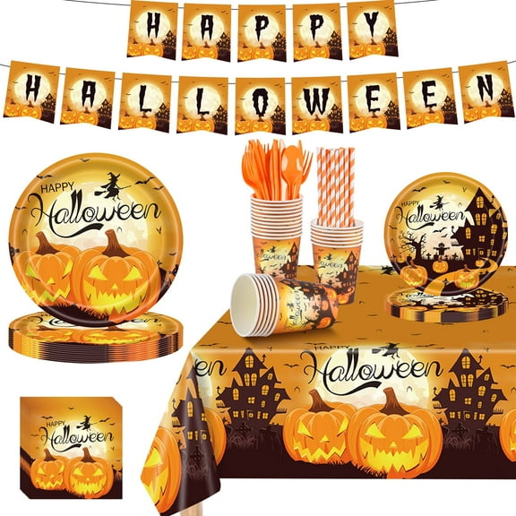 Halloween Party Supplies Decoration Tableware Set Serve for 24 Guests, Halloween Disposable Dinnerware Includes Plates, Napkin, Cup, Knife, Fork, Spoon, Straw, Banners, Tablecloth
