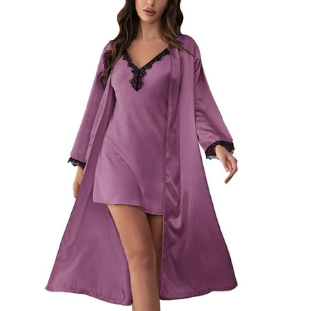 

WOCLEILIY Nightgown For Womens Lingerie Satin Chemise Lingerie Nightie Full Slips Sleep Dress Slips Sleepwear 2 Pieces Of Nightgown 2023 Just Married Pajama Set Ladies Summer Pajamas Ladies Flannel
