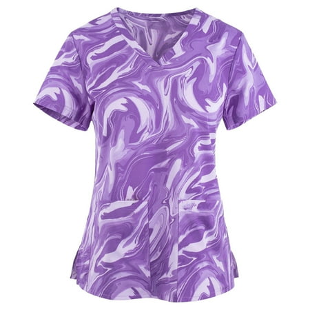 

QAZXD Womens 2023 Summer Tops Short Sleeve V-Neck T Shirts Printed Scrubs for Women with Pockets
