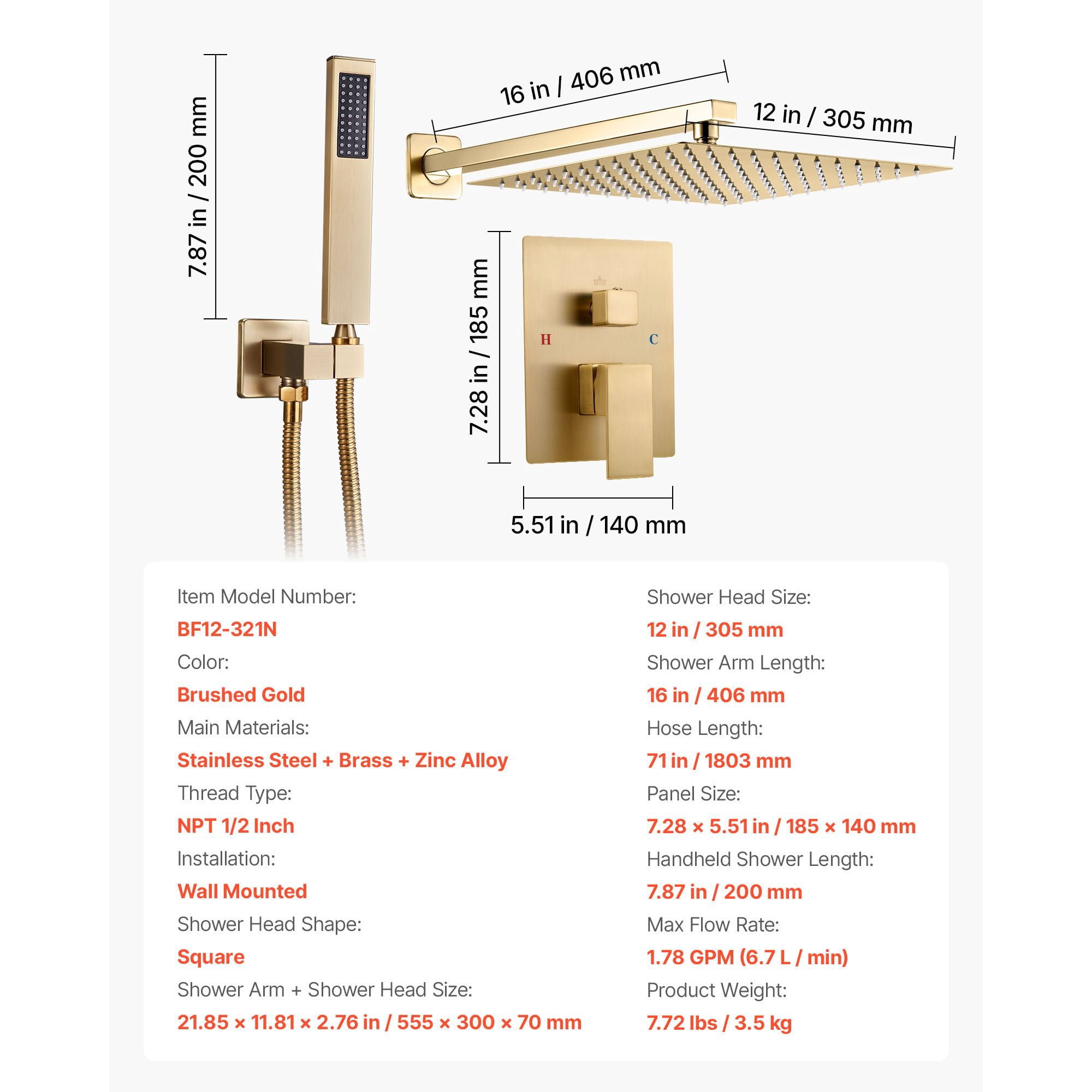 Rainfall Shower System with 12" Square Head, Handheld Spray, Brass Valve, Brushed Gold, for Bathroom Wall Mount