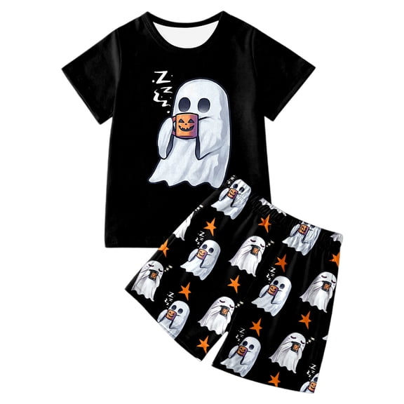 Weebloom Halloween Little Girls Summer Pajamas Ghost Short Sleeve Shirt And Shorts Cute Toddler Outfit Pumpkin Print Sleepwear Nightwear Pjs Loungewear Black 5-6 Years