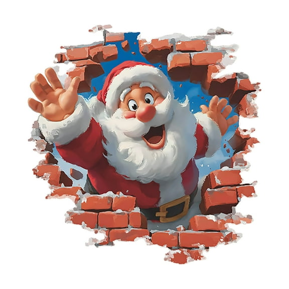 3D Look Christmas Wall Stickers Santa Claus Snowman Reindeer Break Through Wall Design Removable Wall Decals for Bedroom Living Room Home Holiday Decor