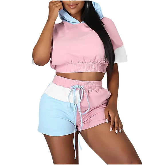 BLCHUNen Womens 2 Piece Outfits Color Block Short Sleeve Crop Hoodie Drawstring Shorts Elastic Waist Athletic Set