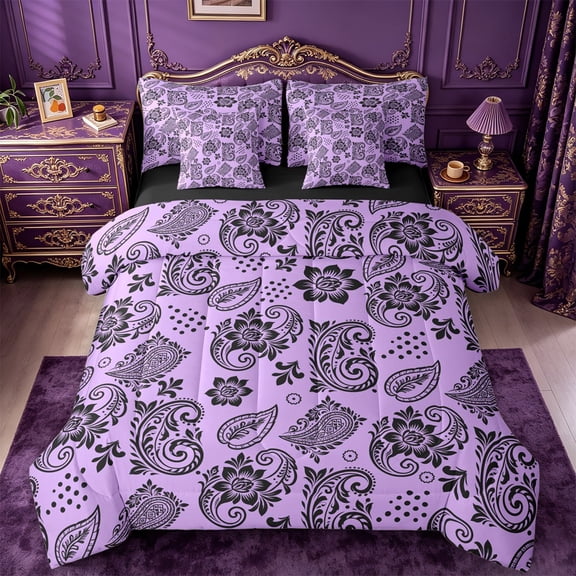 jejeloiu Mystic Paisley 7pcs Queen Bedding For Men Women,Bold Print Bedding Comforter Set Queen,Purple Black,Black Reversible
