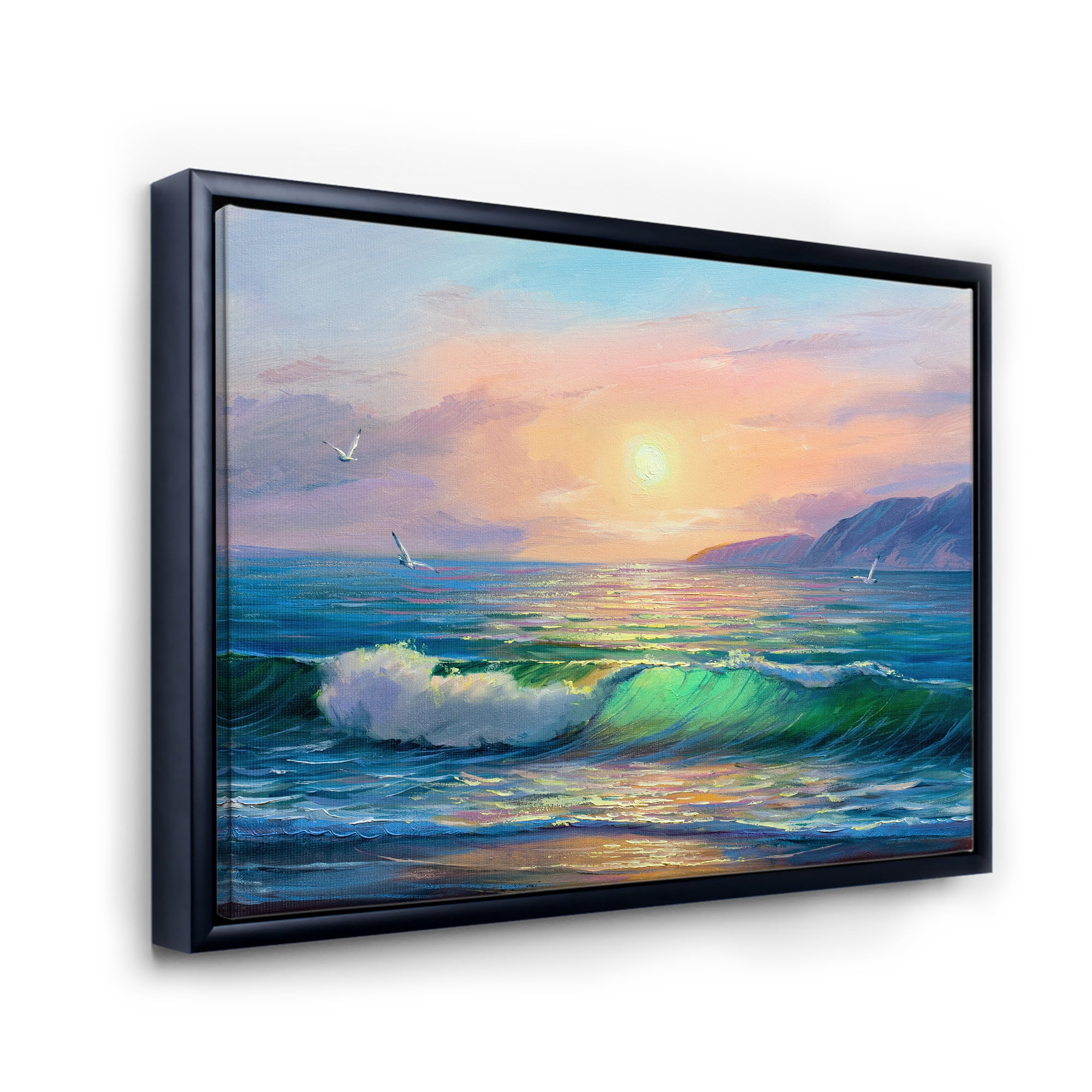 Designart 'Blue Waves Breaking At The Beach Landscape V' Nautical & Coastal Framed Canvas Wall Art Print