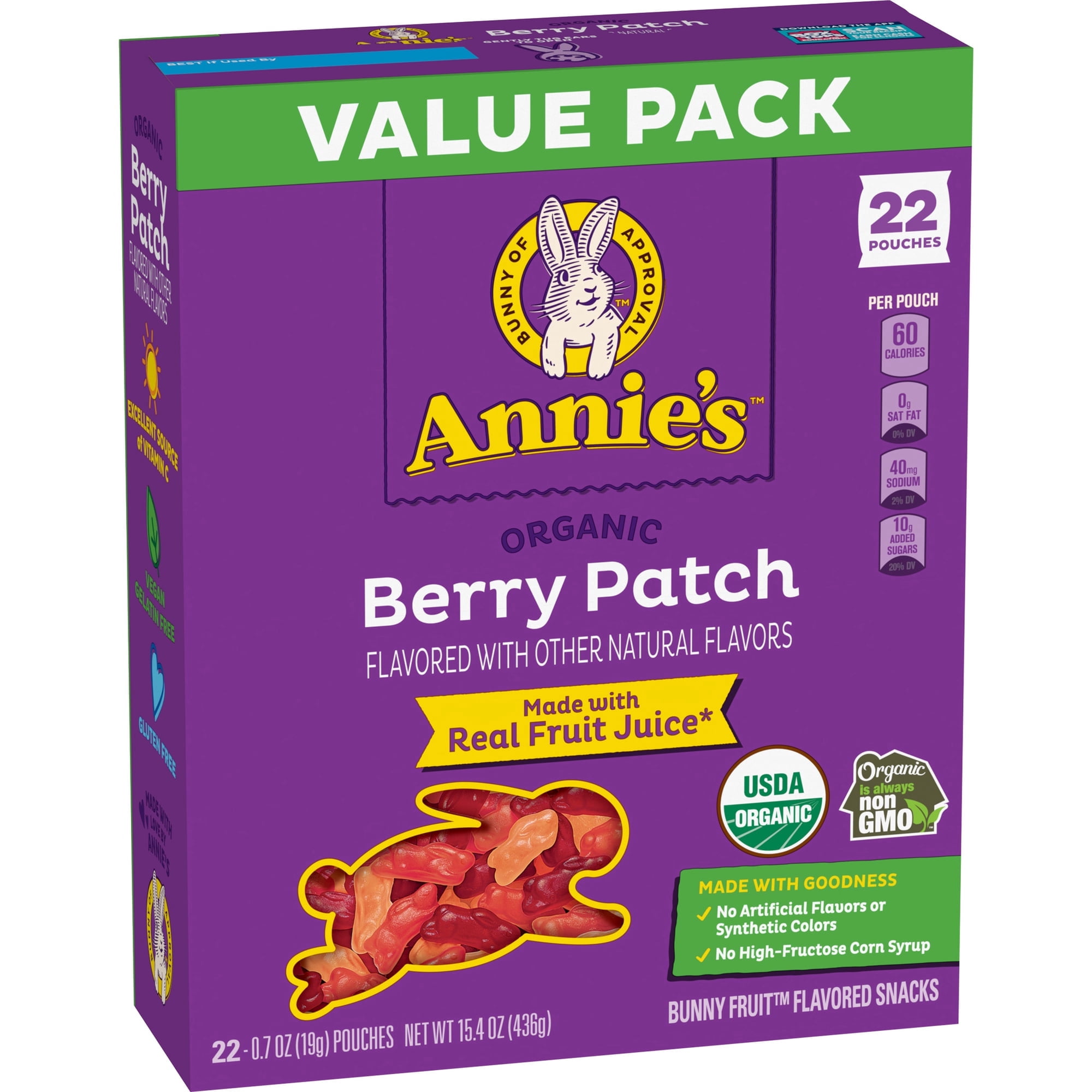 Annie's Organic Berry Patch Bunny Fruit Flavored Snacks, Value Pack, 22 Pouches, 15.4 oz box