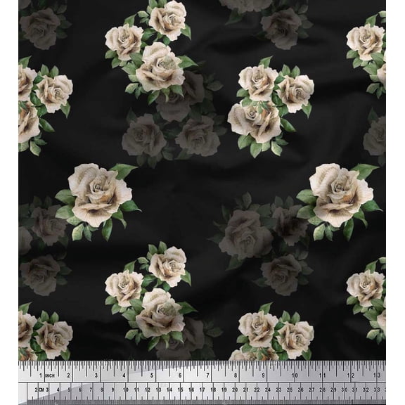 Soimoi Cotton Duck Fabric Leaves & Alba Rose Floral Print Fabric by Yard 42 Inch Wide
