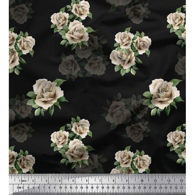 Soimoi Poly Georgette Fabric Leaves & Alba Rose Floral Print Sewing Fabric Yard 52 Inch Wide
