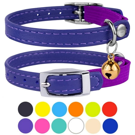 Leather Cat Collar Breakaway Safety Collars Elastic Strap for Small Cats Kitten with Bell, (Best Cat Collar With Bell)