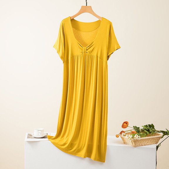Simua Women's Nightgown for Women Solid Color V-Neck Short Sleeve Sleep Shirts Ruffled Modal Mid Length Loungewear