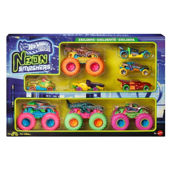 Hot Wheels Monster Trucks Neon Smashers Multipack with 4 Toy Trucks & 5 Die-Cast Cars