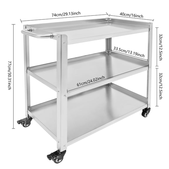 3 Tier Stainless Steel Kitchen Trolley Cart Utility Serving Storage Rolling Cart