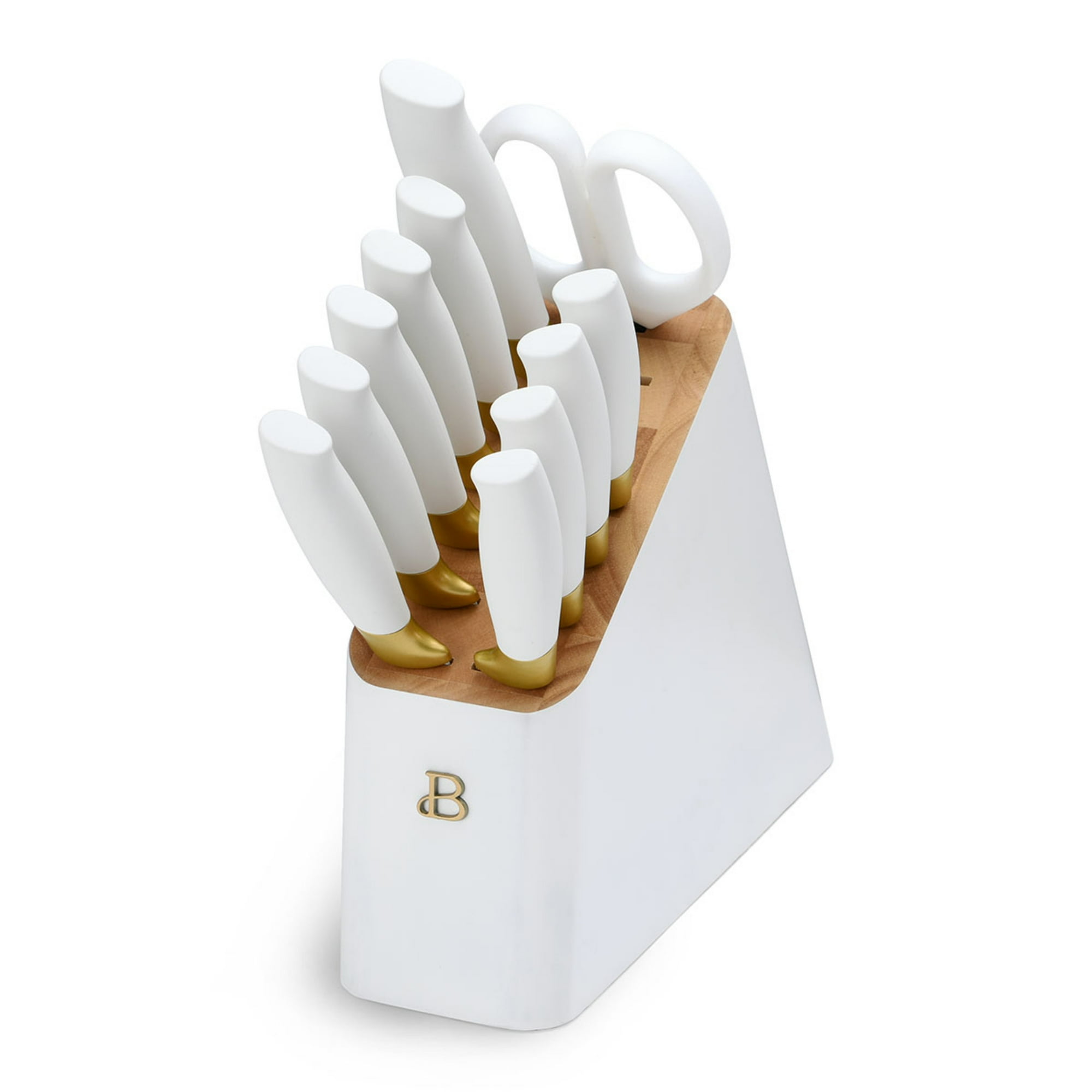 Beautiful by Drew Barrymore 12-Piece Cutlery Set with Block, White and Gold