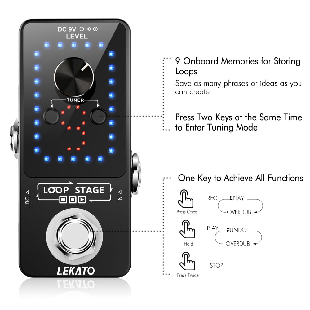 LEKATO Guitar Looper Pedal Effect Pedal with Tuner Function Looper Pedal Loops 9 Loops 40 minutes Record Time with USB Cable and 9V 0.6A Pedal Power Supply Adapter