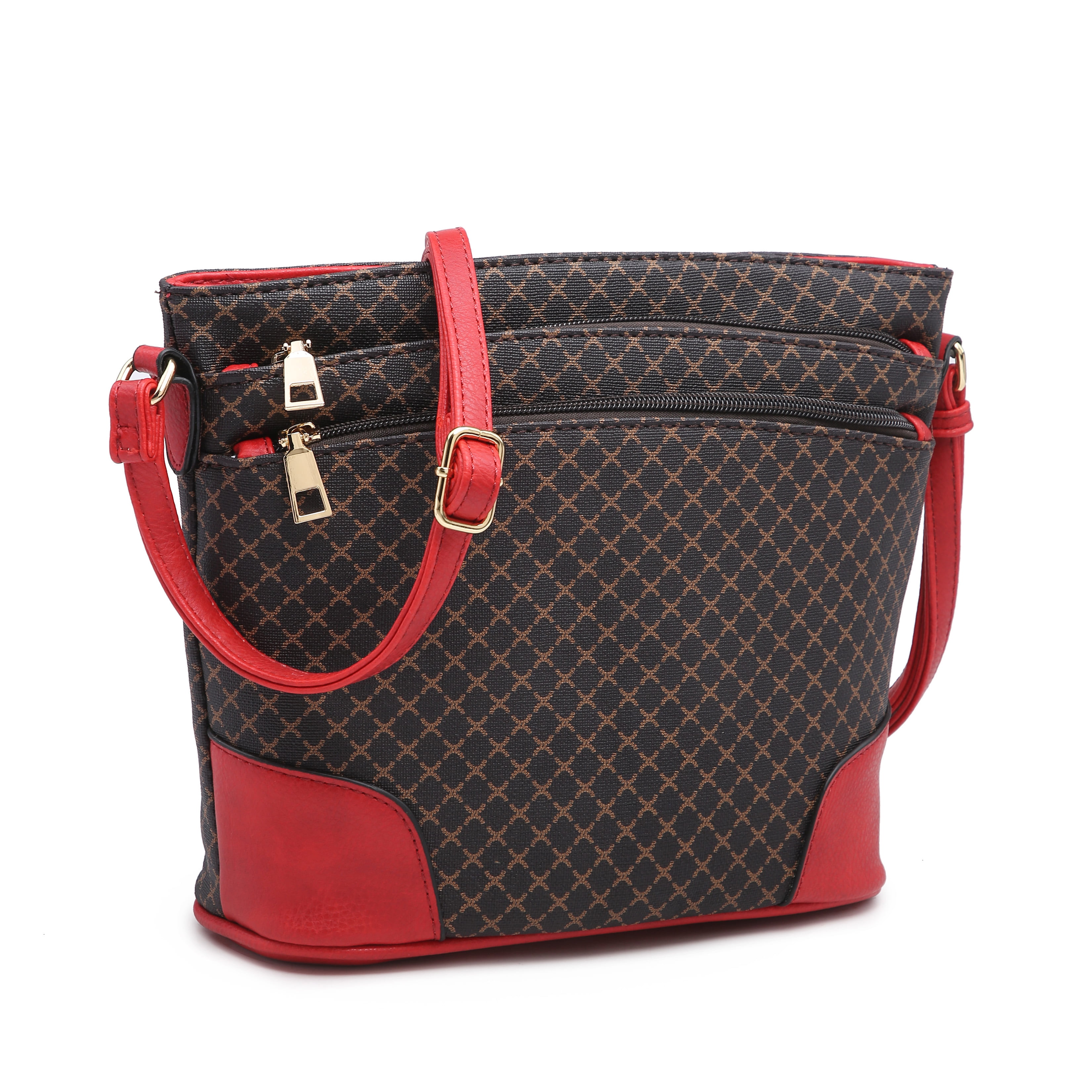POPPY - POPPY Faux Leather Triple Zip Pocket Crossbody Bag Plaid Pattern Messenger Bag Bucket ...