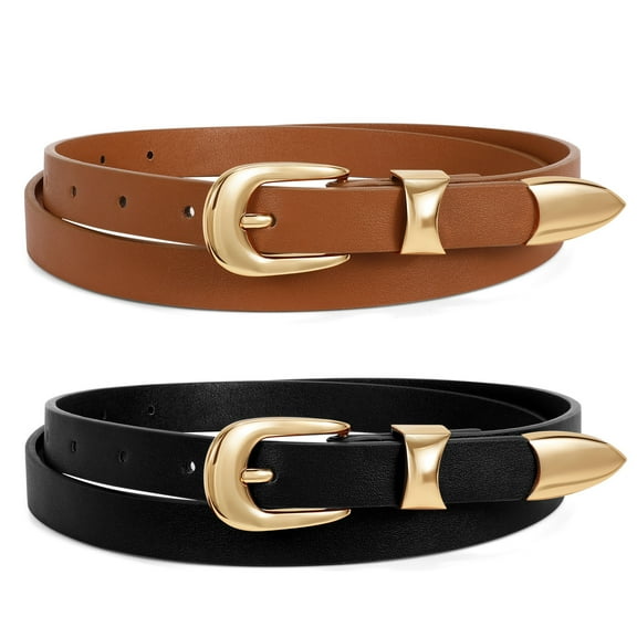 SUOSDEY Women's Skinny Leather Belts Thin Women Belt for Jeans Dress with Metal -tail Design 2 Pack