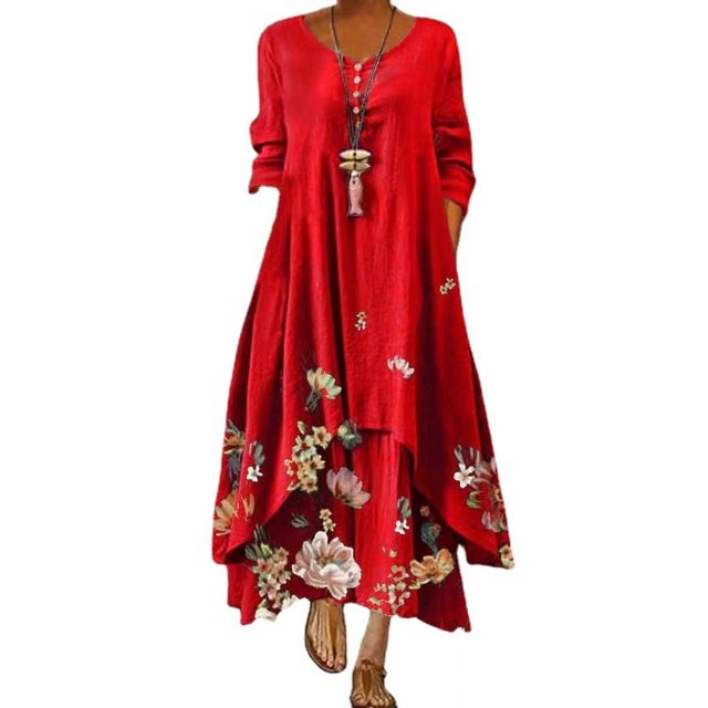 JFBUJC Robe Décontractée à Fleurs pour Femmes, Col Rond, Manches Longues, Irrégulière, Ample, Longue