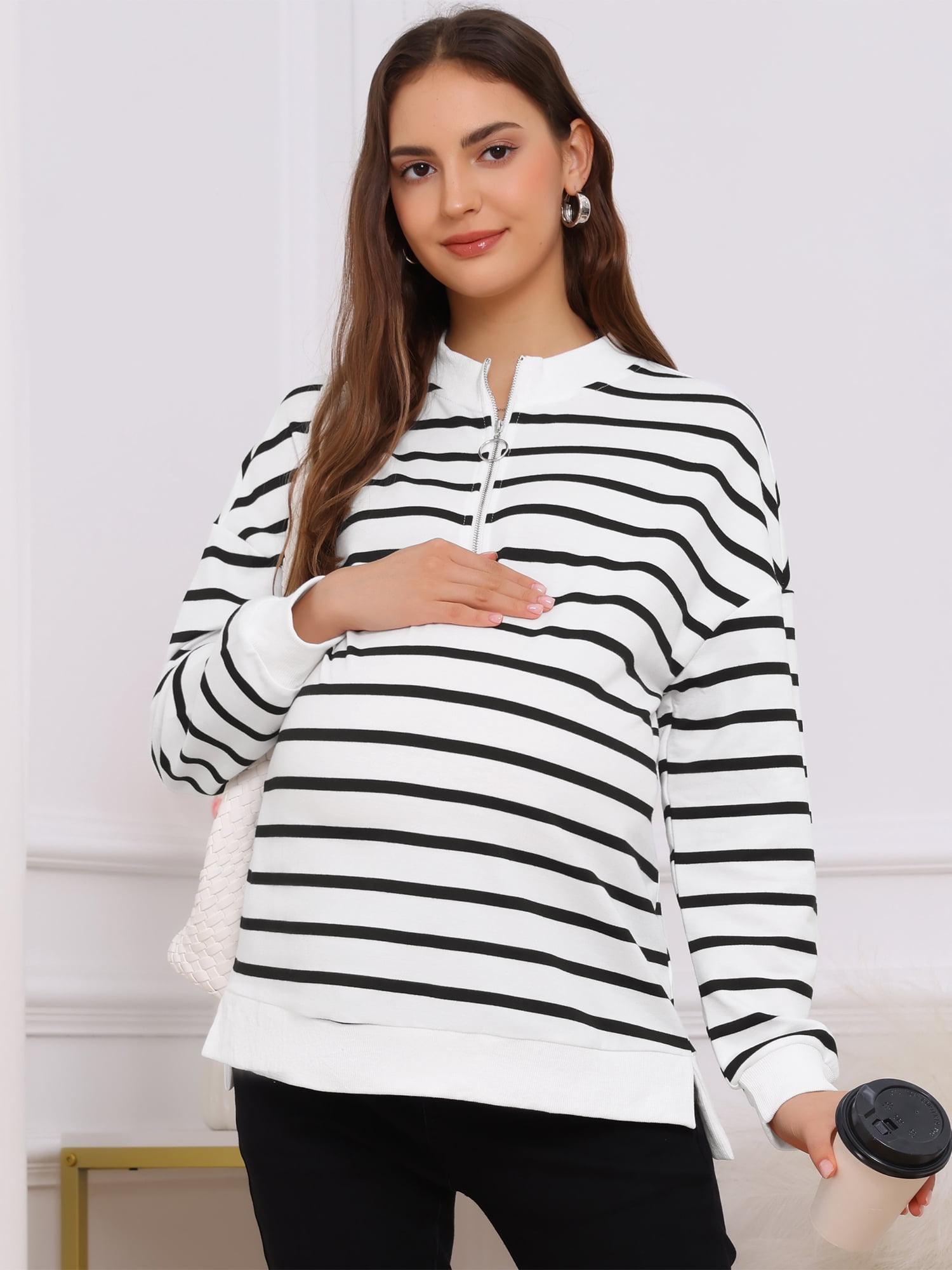 DARING DIVA Women's Maternity Mock Neck Long Sleeve Half Zip Sweatshirt L Black