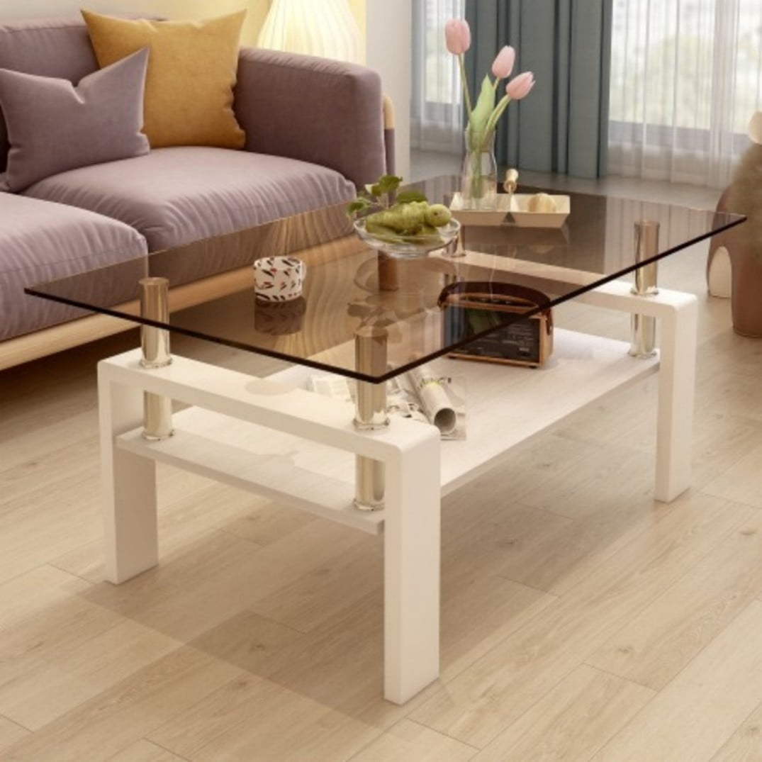 Rectangle Coffee Table, 39.2" Brown Tempered Glass Tabletop with White MDF Storage Shelf and Iron Legs, Modern Clear Glass Center Table for Living Room, 220 lbs