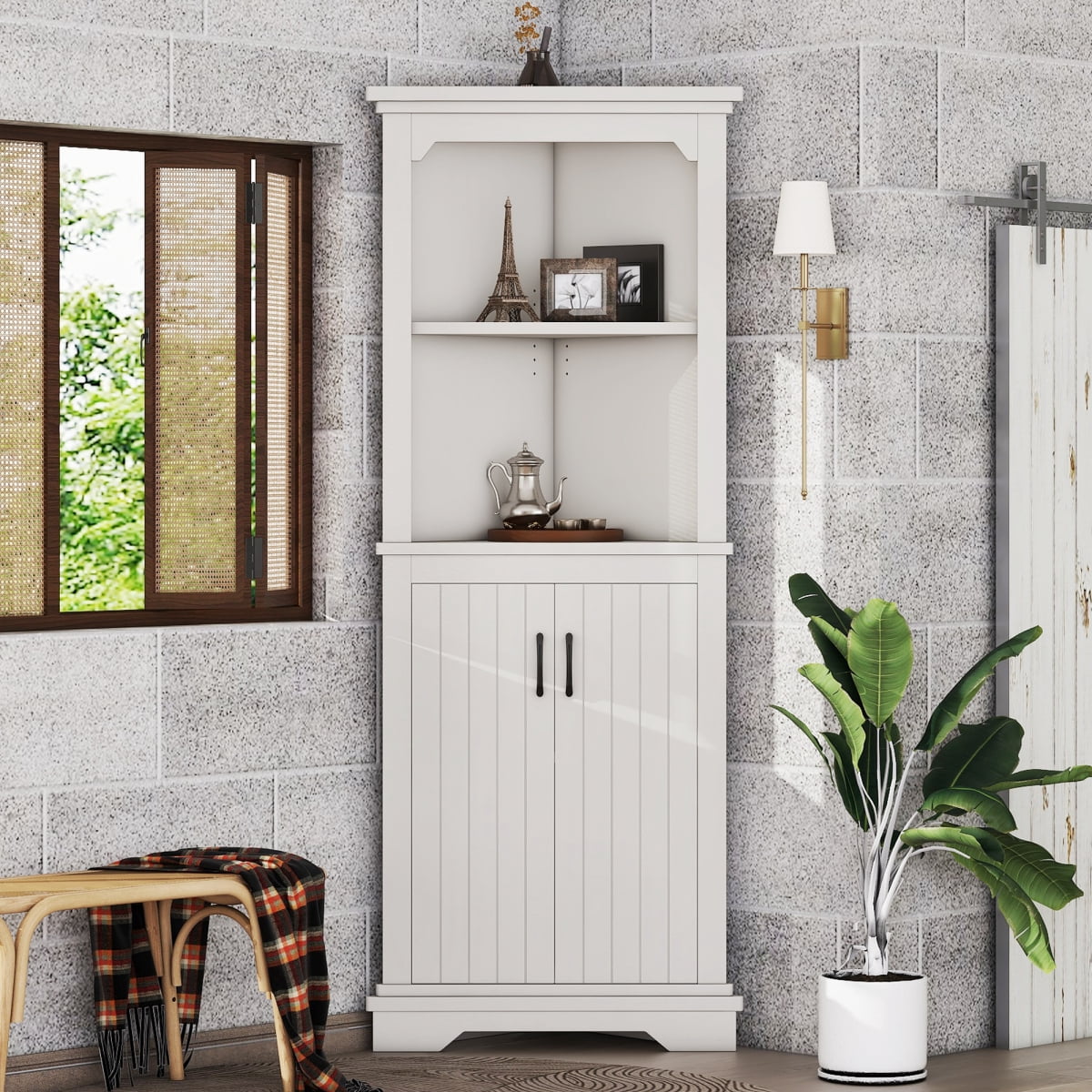 Tall Corner Cabinet with Doors for Living Room, 69.4" Storage Cabinet with Open Shelves, Space-Saving Corner Storage for Bathroom Dining Room Kitchen, White