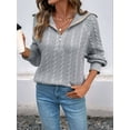 thumbnail image 4 of Sweaters for Women Fall Fashion Loose Quarter Zip Pullover Collared Long Sleeve Cable Knit Winter Clothes Gray L, 4 of 10