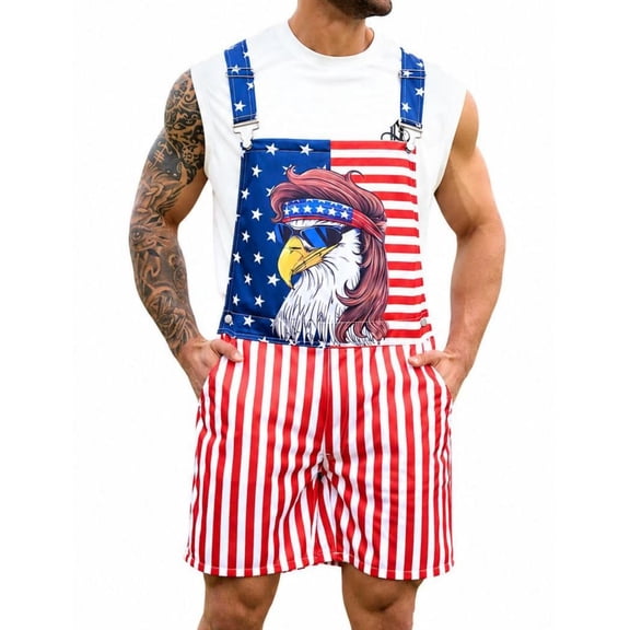Bindefon Bibs Overalls Men Work Coveralls Shorts Printed Jumpsuit(Eagle,L)