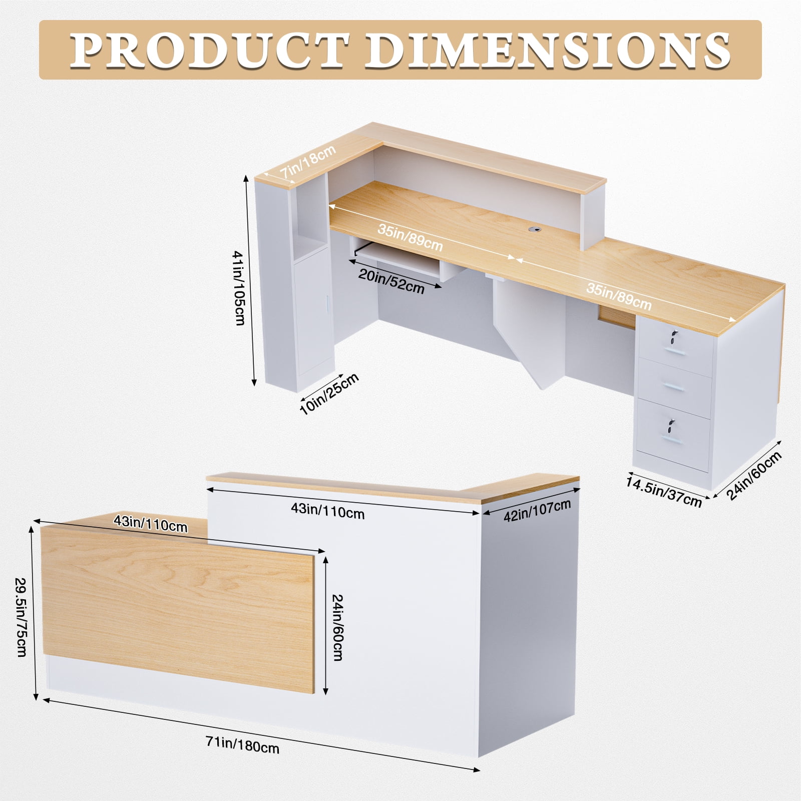Vakiorn L-Shaped Wooden Reception Desk Lockable Drawers Storage Keyboard Tray 71in for Office Lobby Checkout Left Natural Wood White