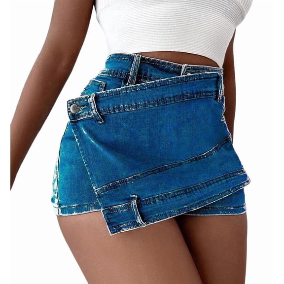Women Jean Denim Skort Sexy- High Waisted Asymmetrical Short Mini Short Dark Blue M