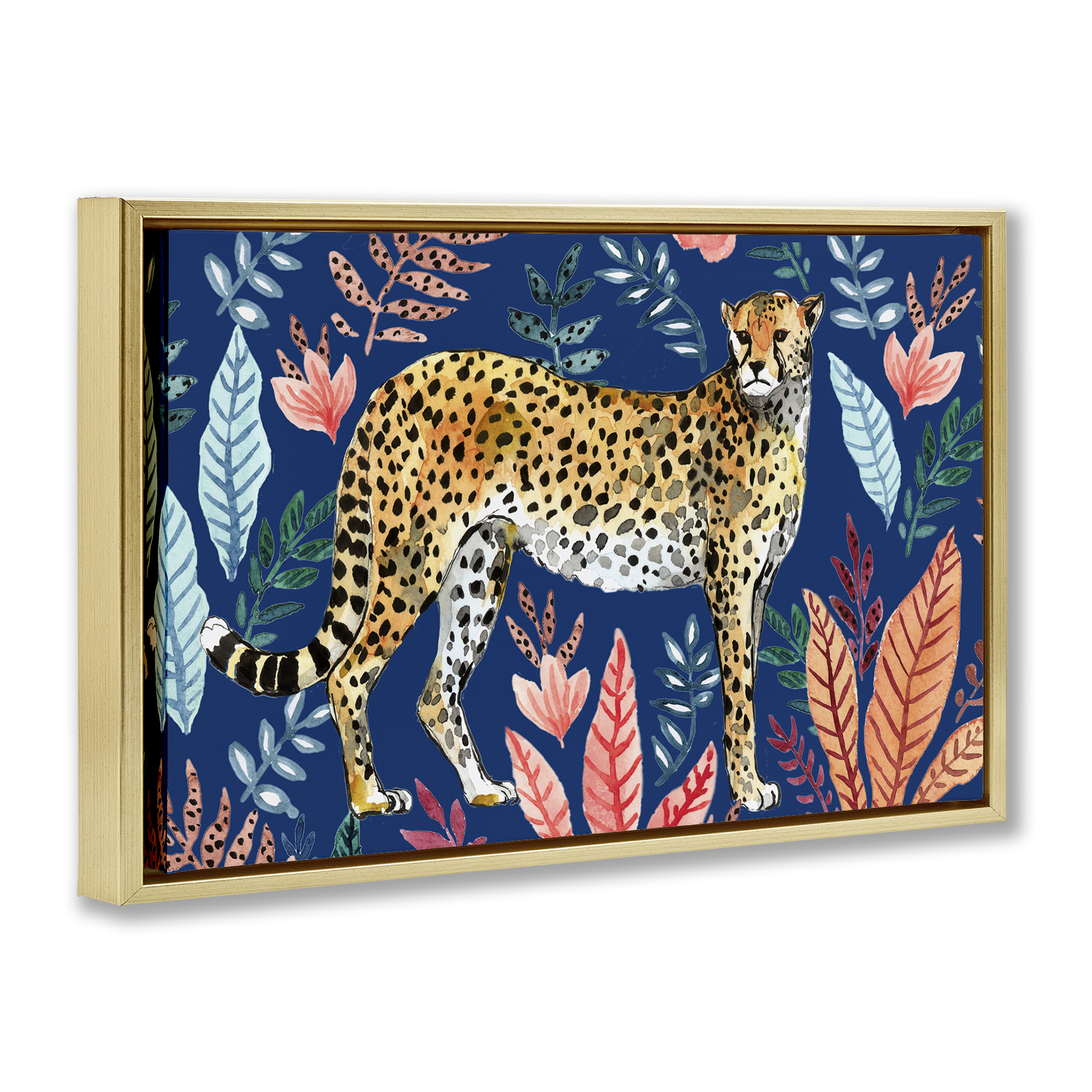 Stupell Industries Jungle Plants & Cheetah Animals Painting Gold Floater Framed Canvas Art Print Wall Art, 25 x 17