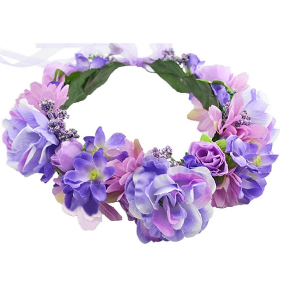 Vivivalue Corona de flores de rosas, diadema de flores bohemias, corona para el pelo, tocado floral, halo con cinta, fotos de festivales de bodas, fiestas, color morado