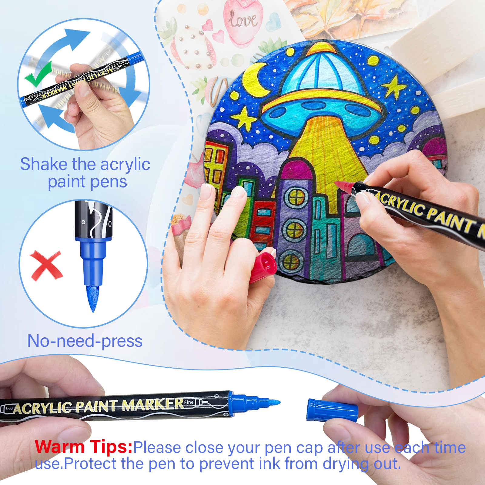 LET'S RESIN 36 Acrylic Paint Pens Markers, Fine&Brush Dual Tip Markers, Strong Coverage Bright Colored Pens for Rocks, Canvas, Wood, Glass, Fabric, Plastic, Drawing Supplies, Acrylic Paint Set