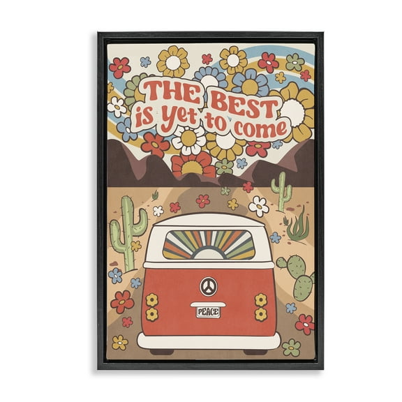 Stupell Industries Groovy Best Yet To Come Plants & Flowers Painting Black Floater Framed Canvas Art Print Wall Art, 17 x 25