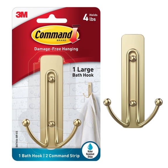 Command Bath Large Satin Brass Double Hook, Holds 4 lb, Bathroom Organization, 1 Hook