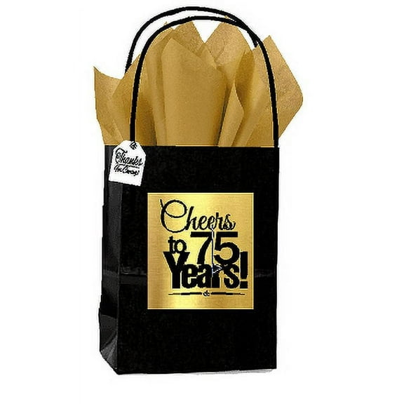 Black & Gold 75th Birthday / Anniversary Cheers Themed Small Party Favor Gift Bags with Tags -12pack