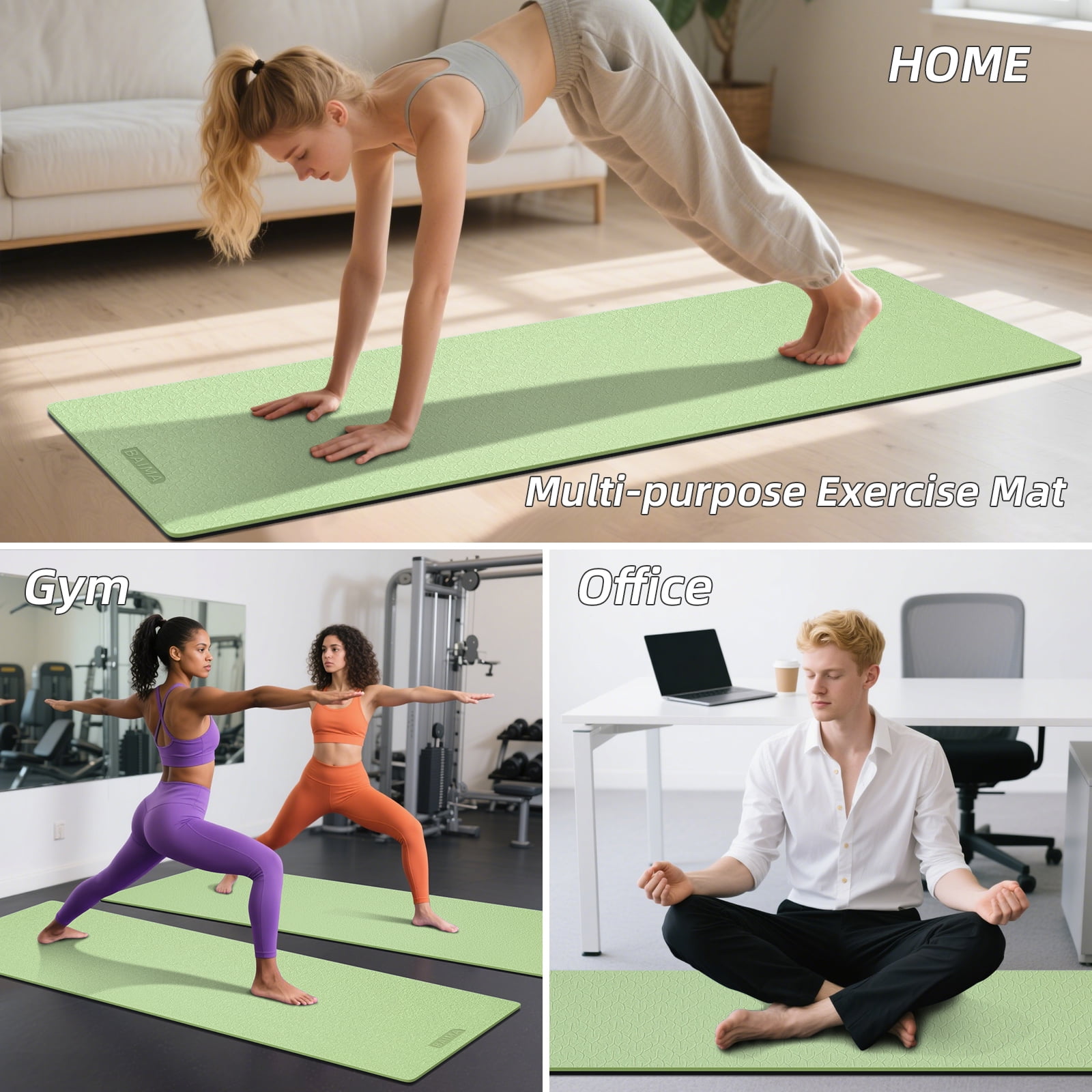 BAIMA Large Yoga Mat Thick Extra Wide and Long ,Roll-up Pilates Mats ,Eco TPE Double-Sided Exercise Pad with Carry Strap(Green+Black)