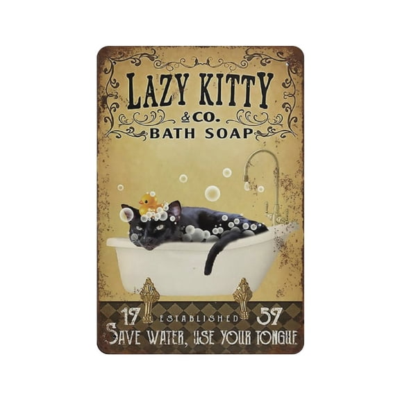Yellow Bath Soap Black Cat Vertical tin sign, Lazy Kitty Bath Soap tin sign, Cat tin sign, Funny Bathroom tin sign,Retro style, farmhouse , bar, garage, tin sign 5.5x 8 inches