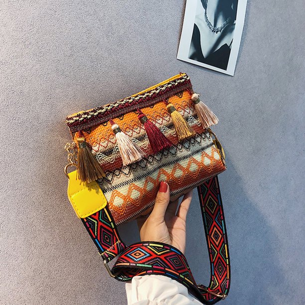 Bolso de hombro tipo cubo JShteea étnico con borlas de verano Para mujer (03)