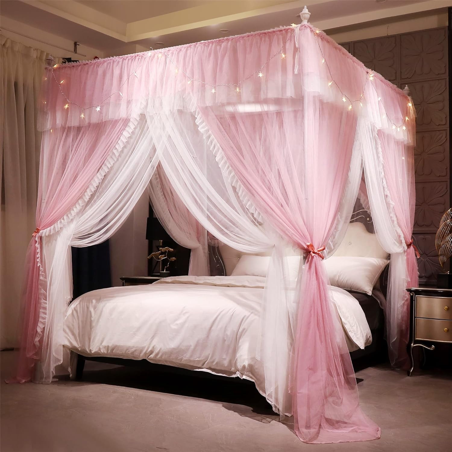 4 Corners Post Ruffle Princess Bed Canopy Curtain-Double Layer Cozy Drape Netting 4 Opening Mosquito Net for Girls Adults Bedroom Decoration (Pink/Whtie,78" W*86" L*82"*H/King)