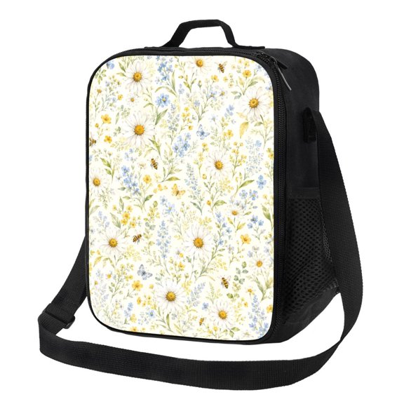 Daisy Bee Floral Lunch Bag Insulated Thermal Lunch Box with Shoulder Strap & Handle for Women and Men