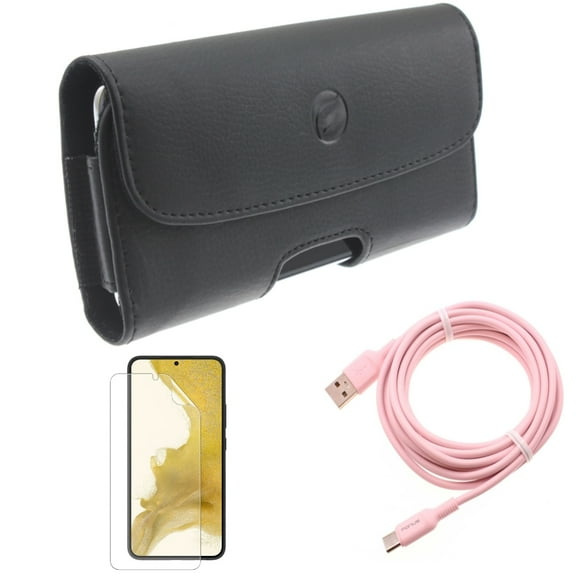 Case Belt Clip & 10ft Long USB-C Cable & Matte Screen Protector for Samsung Galaxy S22 (6.1") - Leather Holster & Pink Charger Cord & TPU Film Anti-Glare Accessory Bundle
