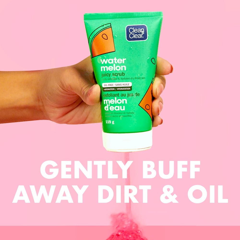 Clean & Clear Hydrating & Exfoliating Watermelon Juicy Scrub, Buffs Dirt & Oil While Cleansing & Quenching Dry Skin, Gentle & Oil-Free Daily Facial Cleanser