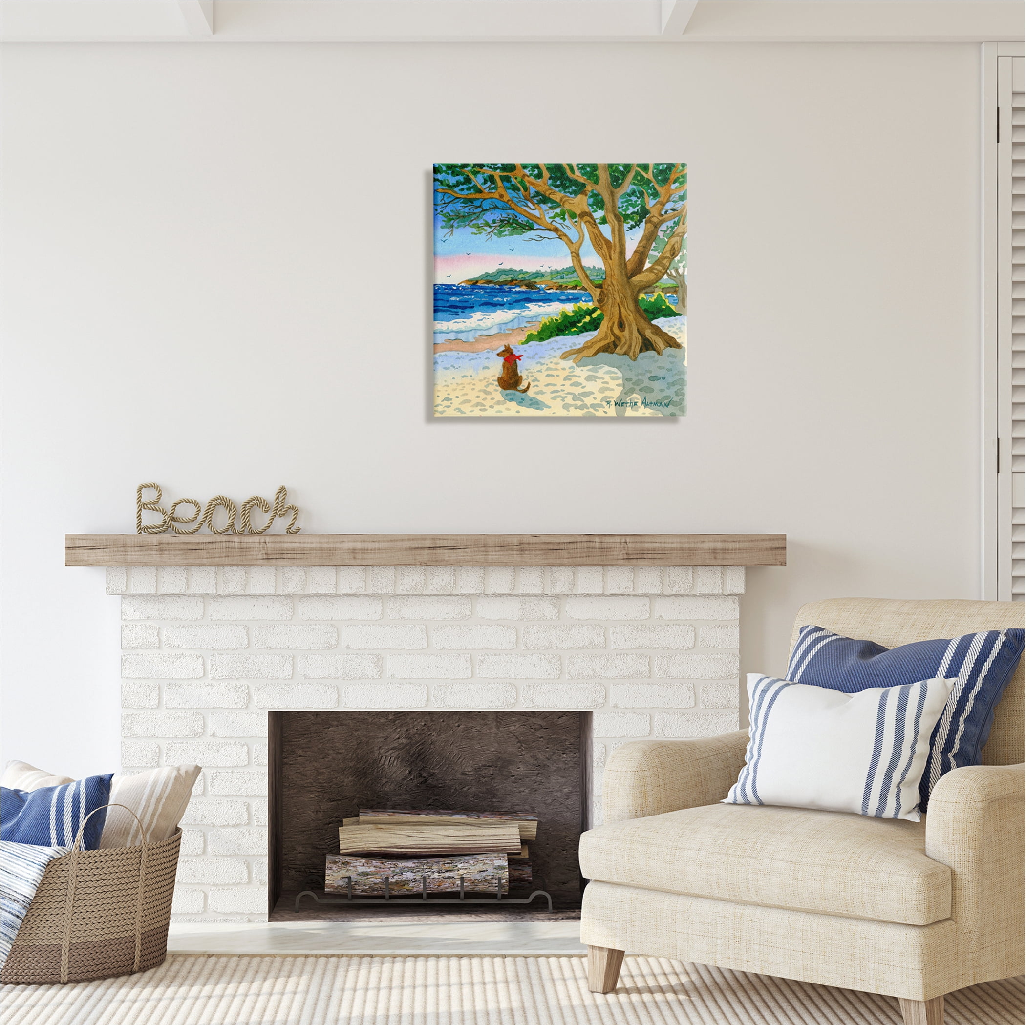 Stupell Industries Dog On Beach Painting Nature Painting Gallery Wrapped Canvas Print Wall Art, 24 x 24
